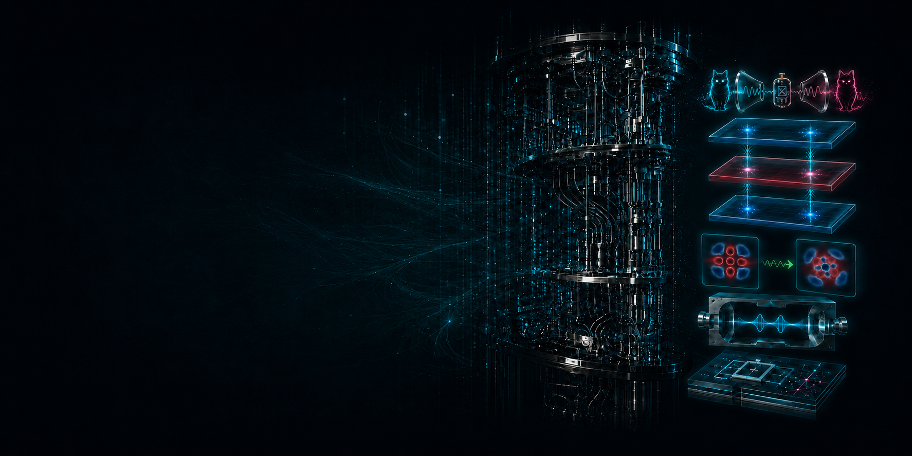 Illustration of a dilution refrigerator and superconducting circuit-QED experiments.