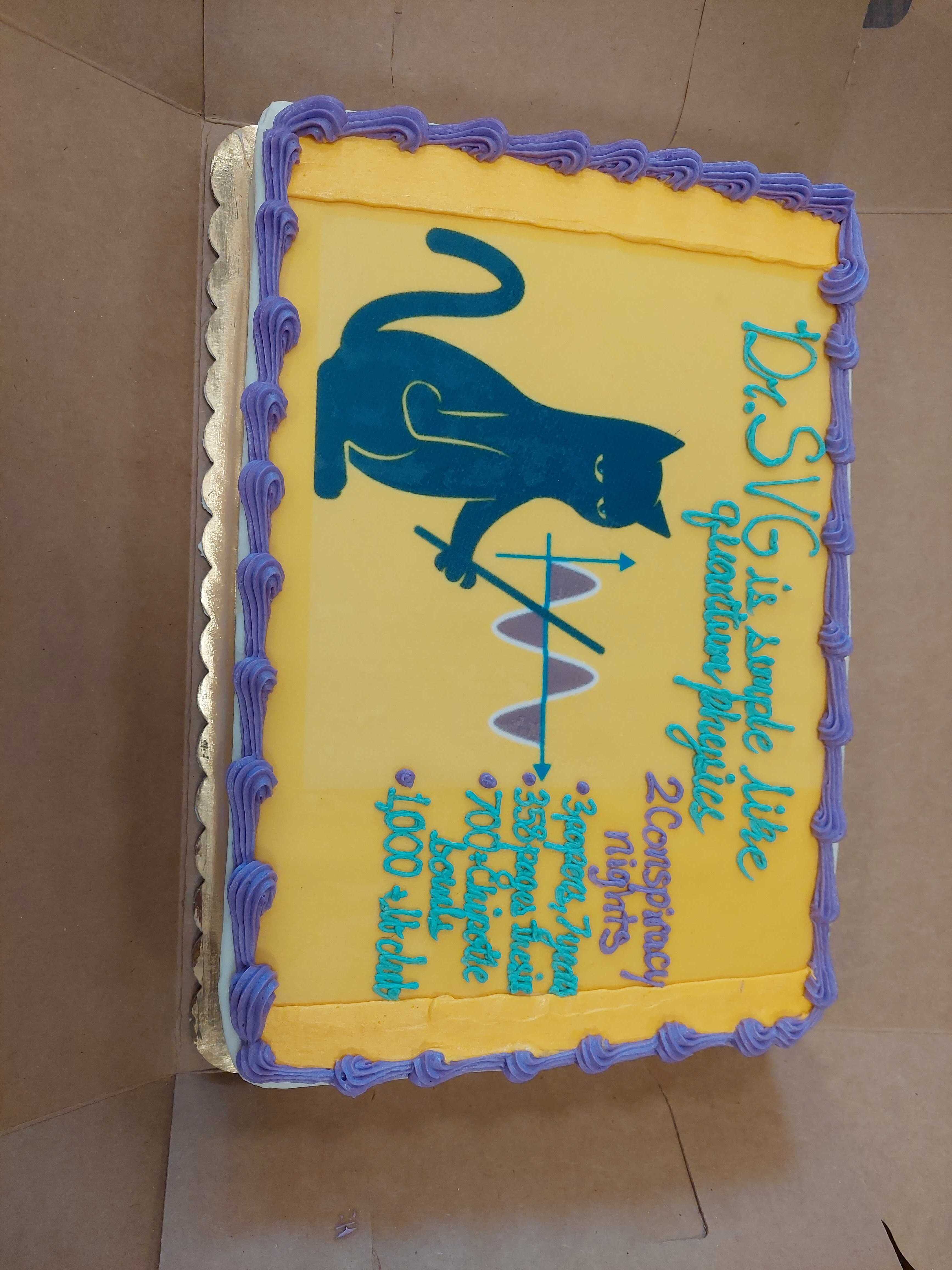 Celebration cake for Sean van Geldern's successful thesis defense.